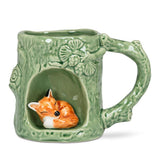 stoneware tree trunk mug with 3D sleeping fox figurine alcove woodland coffee cup