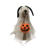 Wool felt dog wearing ghost costume