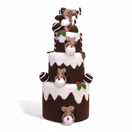 Handmade wool felt 3-tier cake with gingerbread cookies and mice holiday decoration