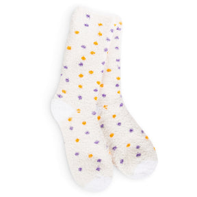 World’s Softest Socks women’s fuzzy cream socks with purple and golden yellow dots.