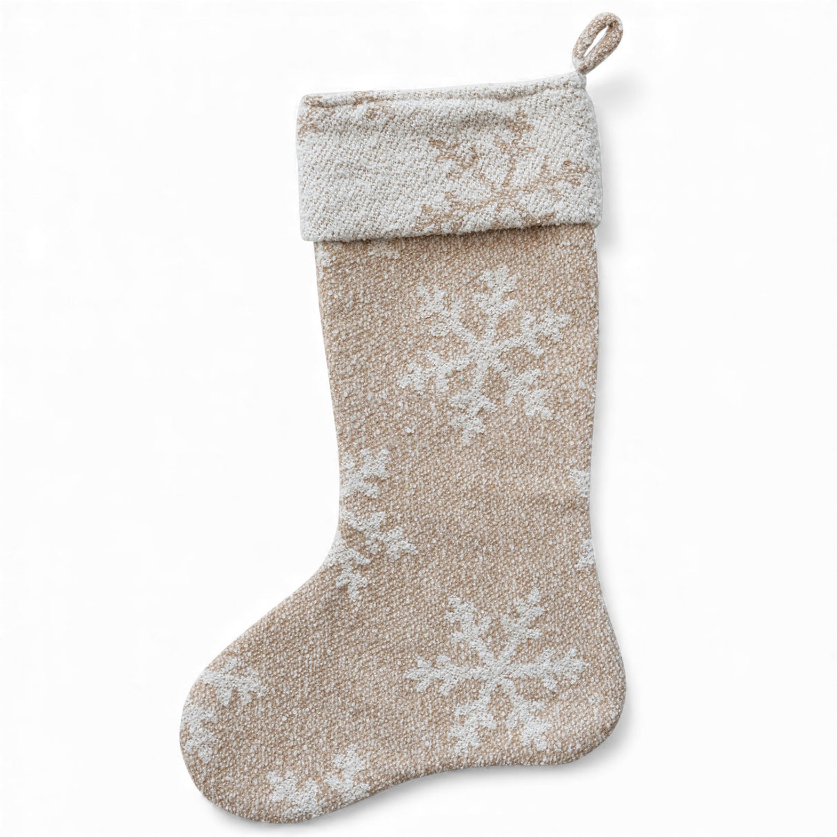 Beige and natural woven jacquard Christmas stocking with white snowflake pattern and folded cuff