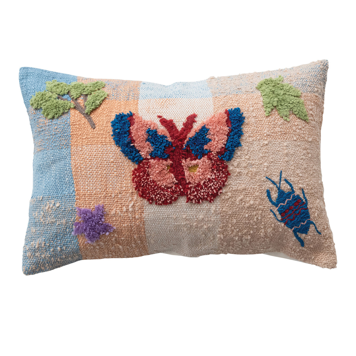 Woven lumbar pillow with tufted butterfly, insects, and floral embroidery