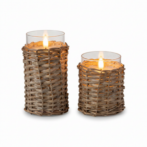 woven wicker LED candle with glass holder flameless candle natural texture home decor