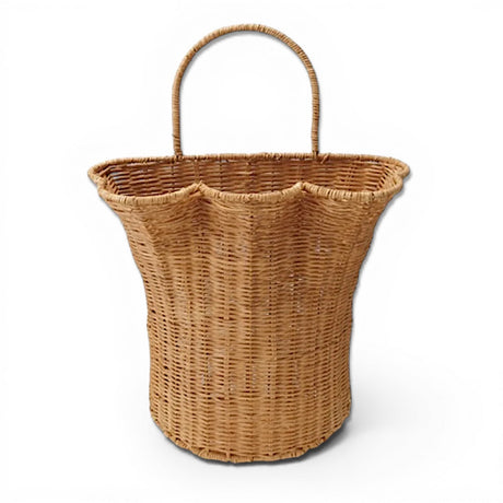 woven rattan wall basket with scalloped edge and handle natural hanging storage decor