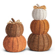 Woven wicker-style resin pumpkin stacks in brown orange and cream for fall tabletop décor