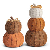 Woven wicker-style resin pumpkin stacks in brown orange and cream for fall tabletop décor