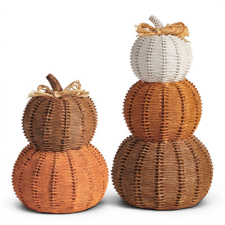 Woven wicker-style resin pumpkin stacks in brown orange and cream for fall tabletop décor