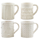 Four ceramic mugs with woven texture and twisted handles in various basket-inspired designs.