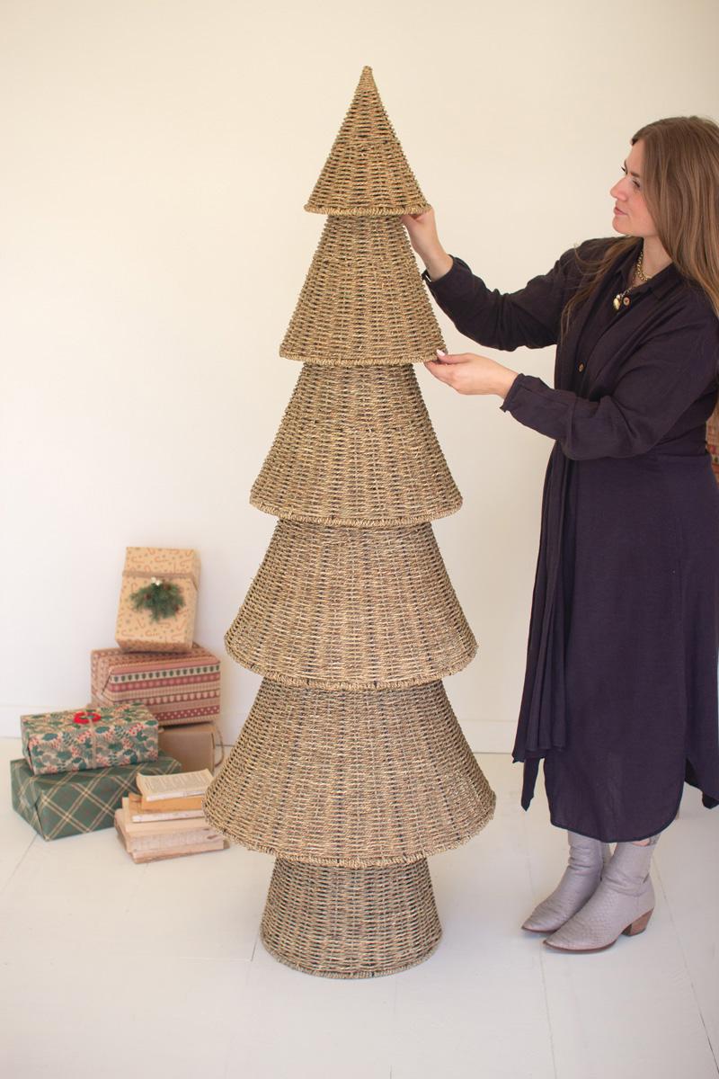Tall woven vine Christmas tree with tiered natural branches
