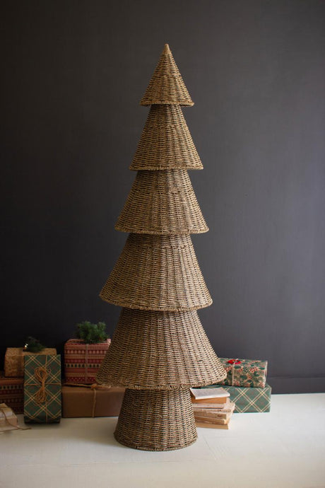 Woven vine Christmas tree styled in a festive holiday display