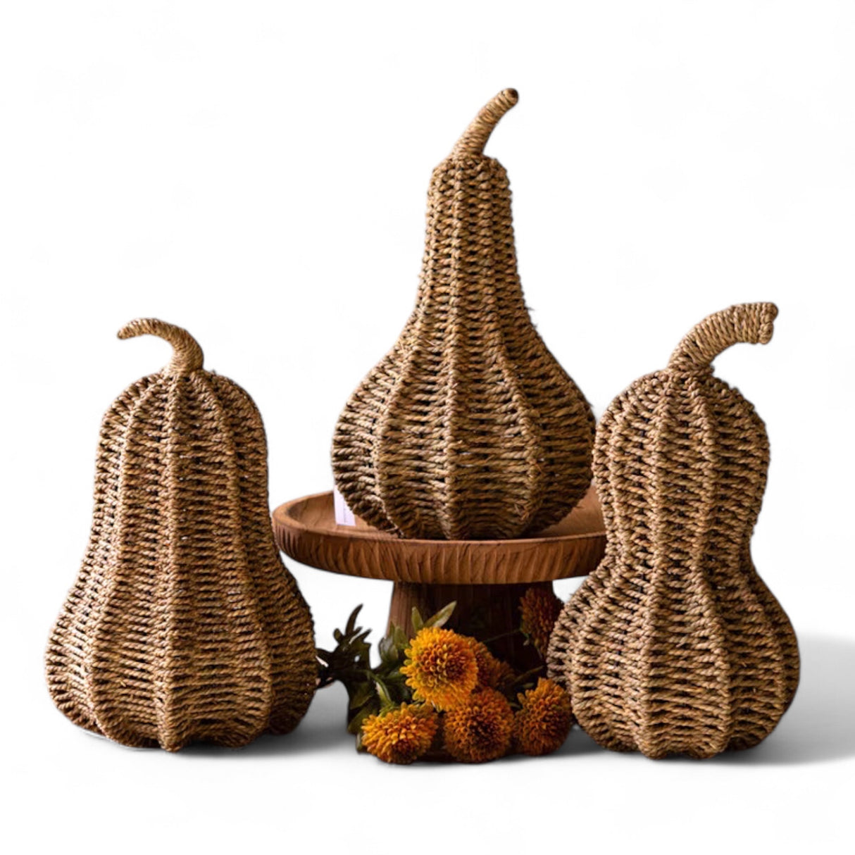 Set of three natural woven vine gourds in assorted sizes