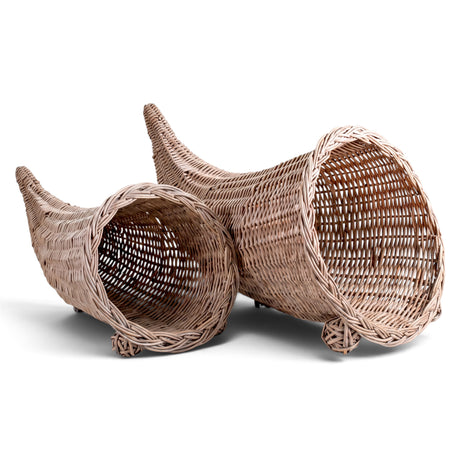 Woven willow cornucopia baskets in two sizes filled with pumpkins and decorative gourds