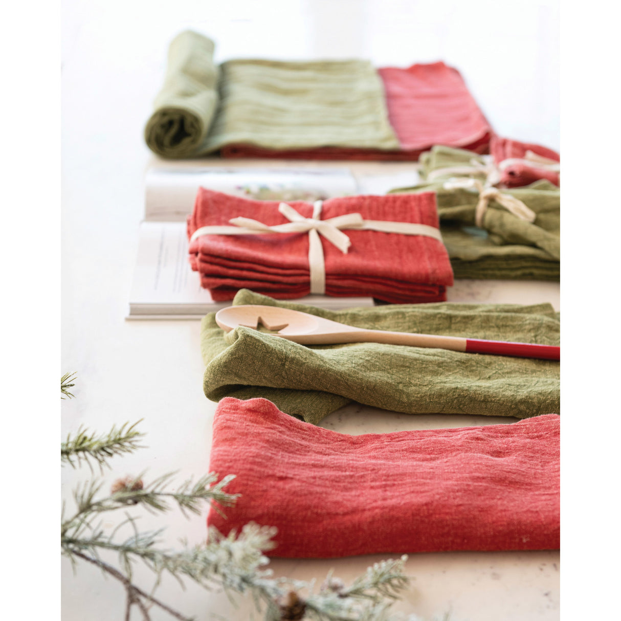 Red & Green Oversized Stonewashed Linen Tea Towels