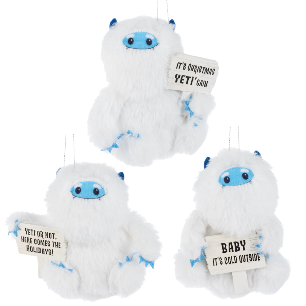 yultide yeti ornaments with sign